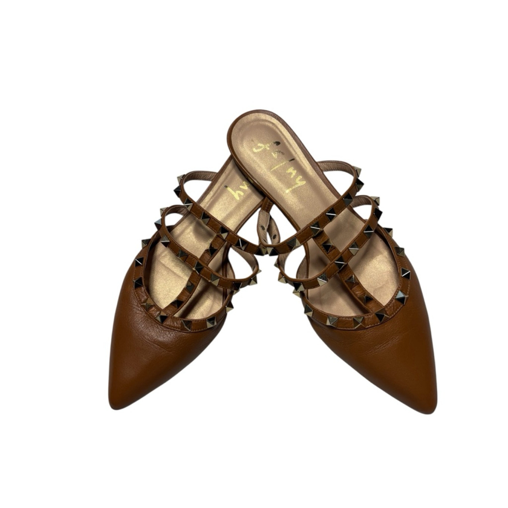 ‼️🙌‼️ FS/NY French Sole Davina Studd Strappy Tan Pointed Toe Mule Flat Size 8B